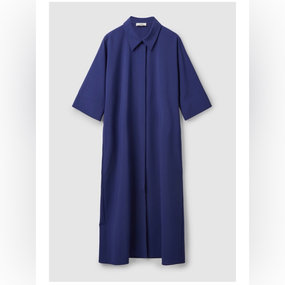 COS cobalt blue seersucker relaxed shirtdress NWT minimalist loose fit modern